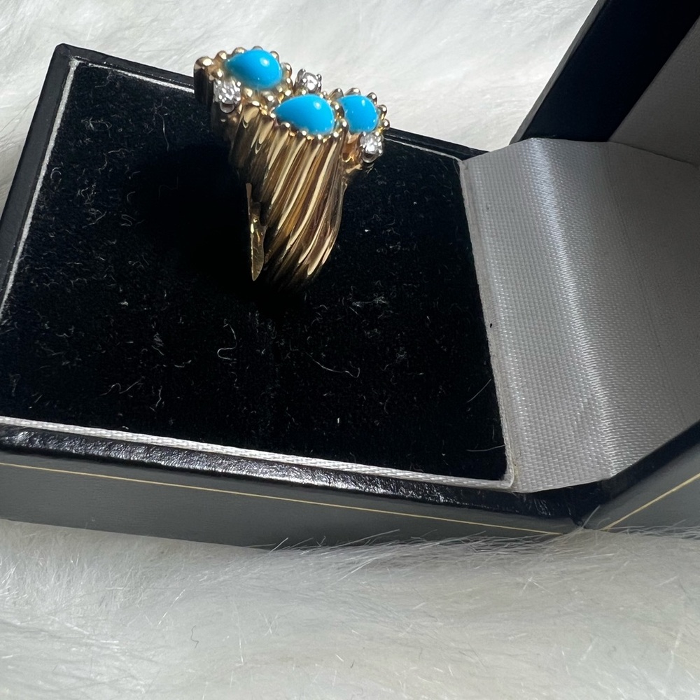 Art Nouveau 14k Yellow Gold, Diamonds 
Turquoise Ring💛🩵💎 - Picture 7 of 17